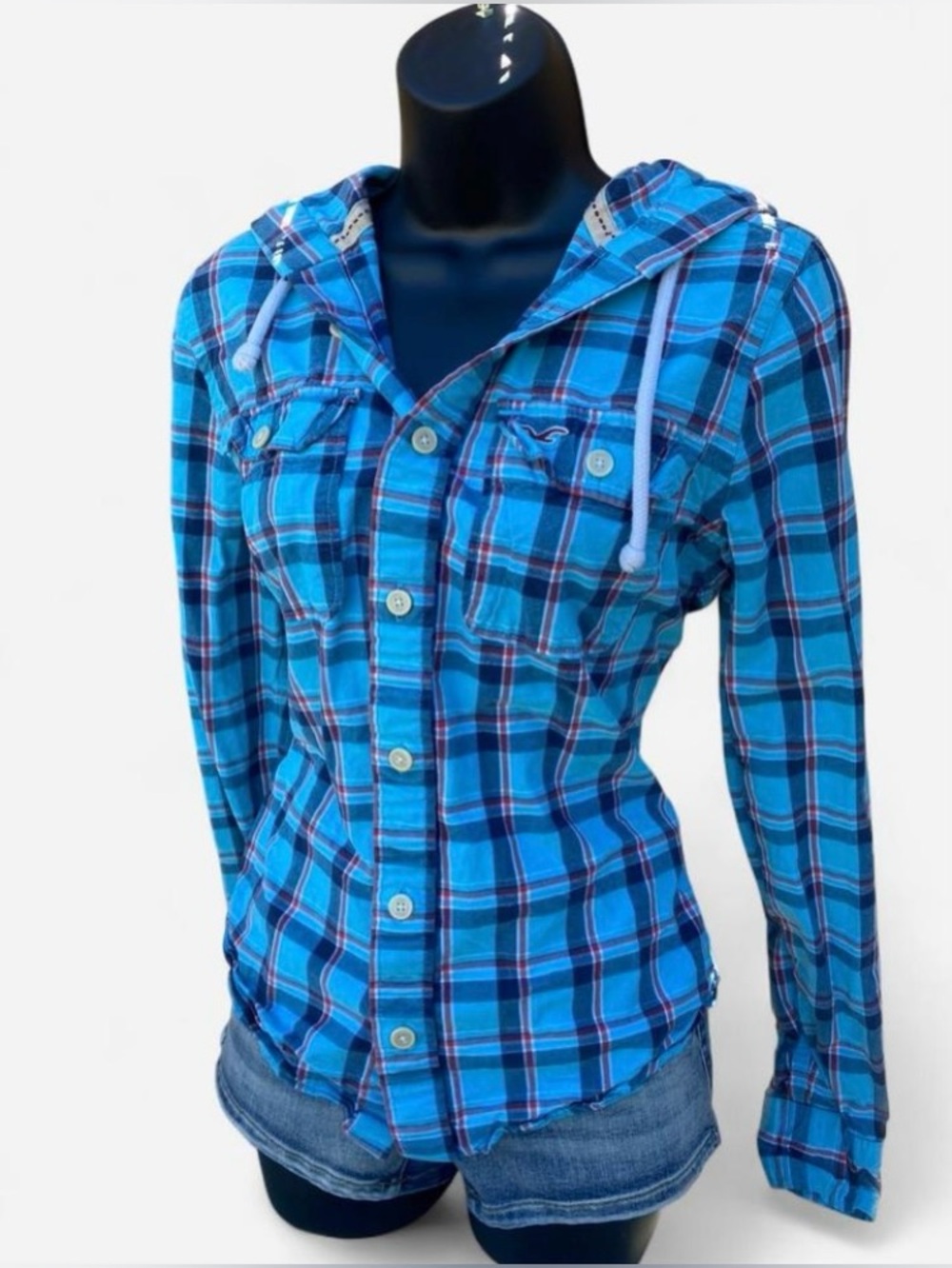 Y2k Hollister Blue Plaid Hooded Flannel